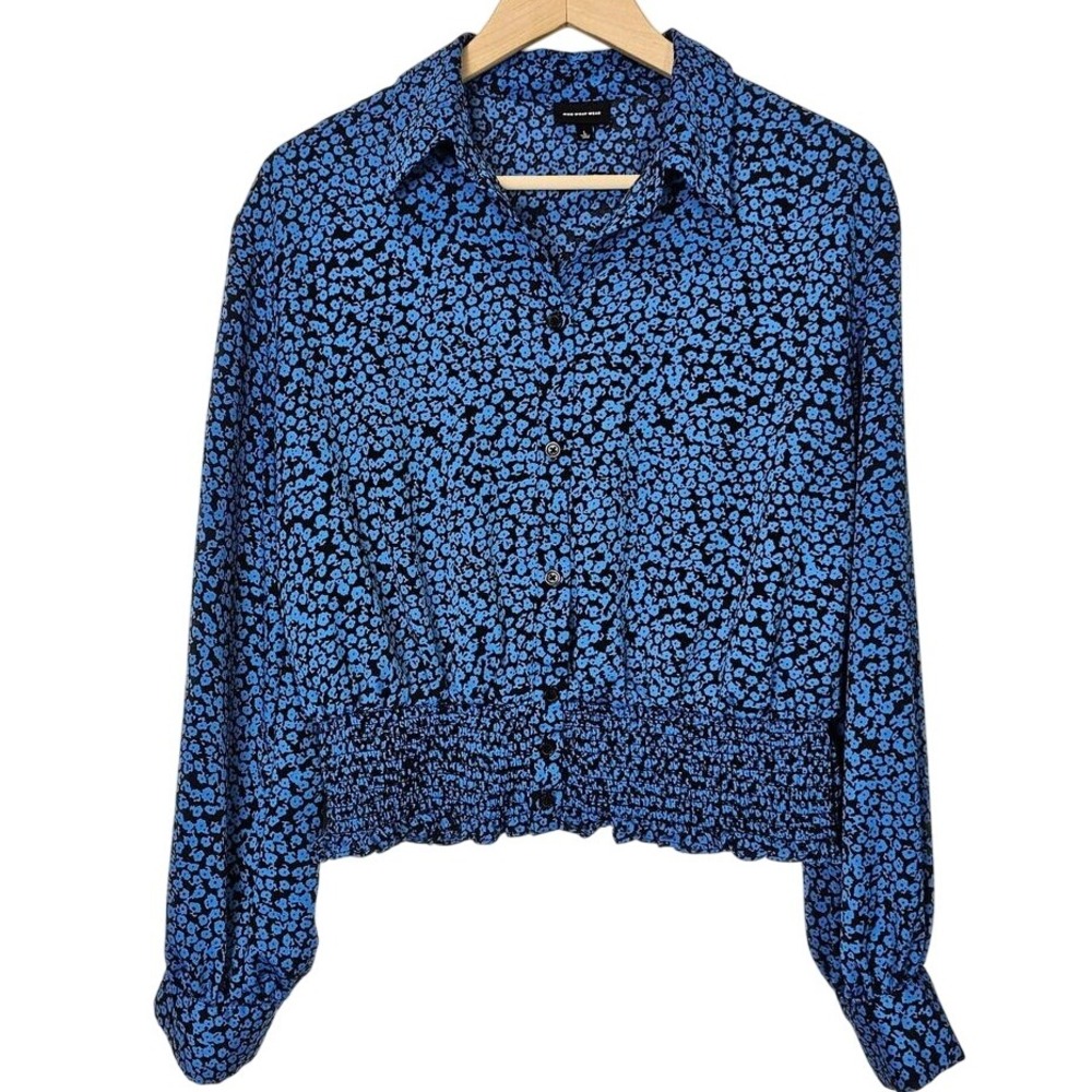 Who What Wear Blue Black Flower Ditsy Long Sleeve Blouse Collared Size Large - Picture 2 of 10